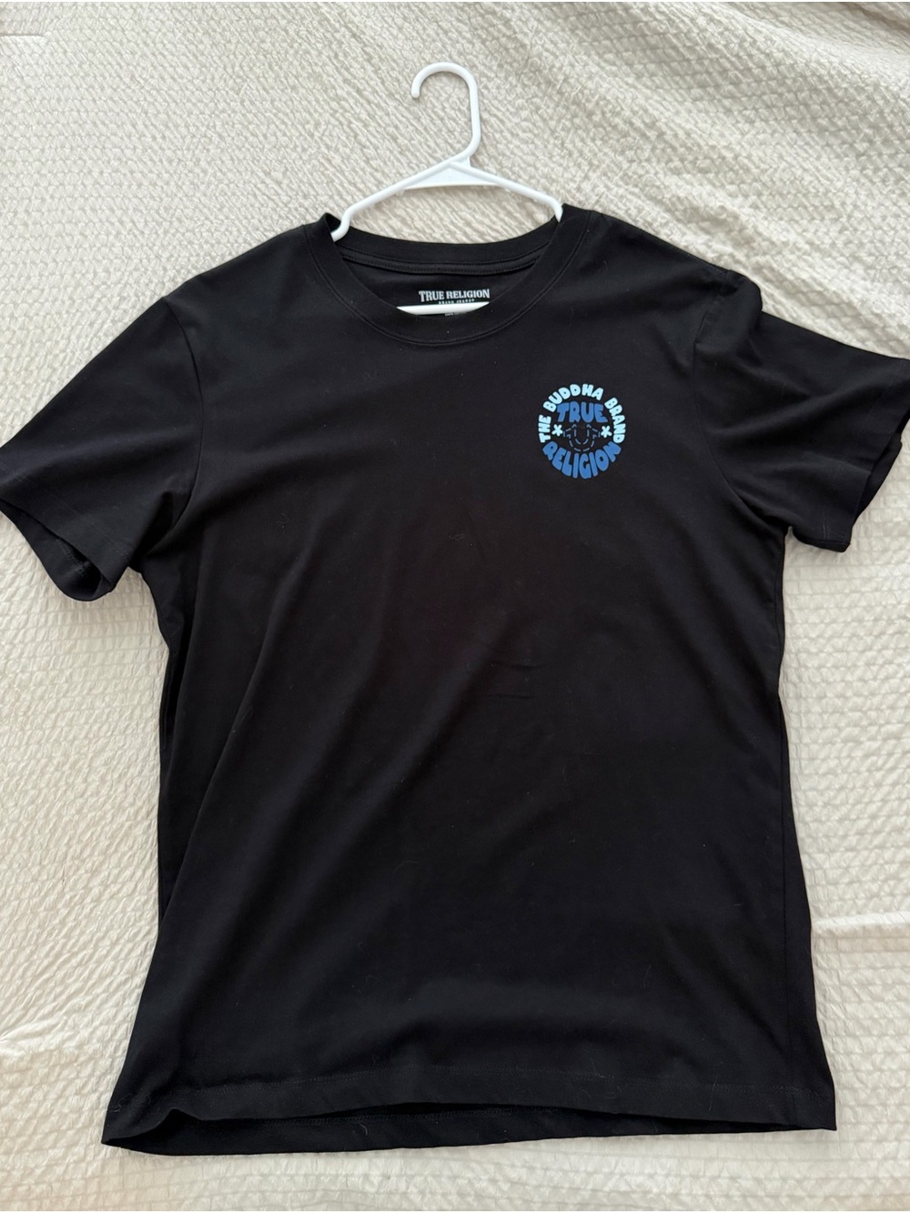 True Religion Black Tee with Blue Logo Chest Graphic